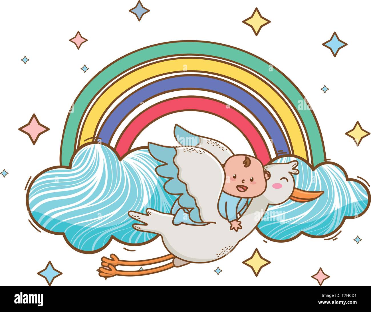 Baby shower cigüeña volando con bebé entre nubes, arco iris y estrellas  aisladas tarjeta caricatura ilustración vectorial diseño gráfico Imagen  Vector de stock - Alamy