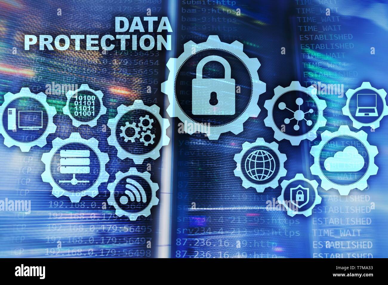 Concepto de protección de datos de servidor. Seguridad de la información desde Internet tecnología digital Cyber virus Foto de stock