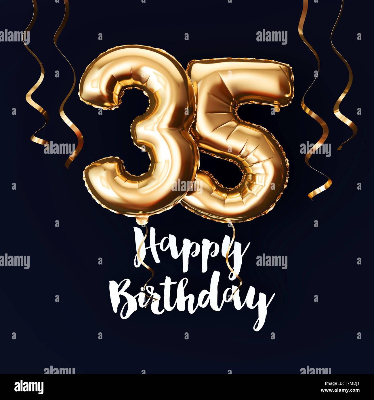 Declaración Dinkarville brazo Feliz cumpleaños 35 lámina de oro globo con cintas de fondo. 3D Render  Fotografía de stock - Alamy