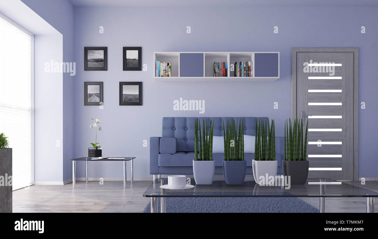 3D Render de Salón interior contemporáneo y muebles modernos. Foto de stock