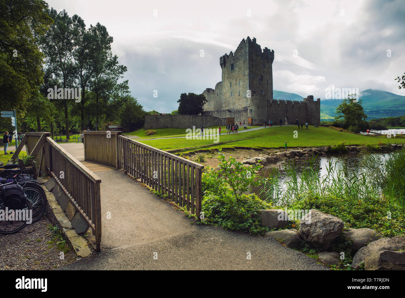 Y la pasarela de la ruta que conduce a Ross Castle en Irlanda Foto de stock