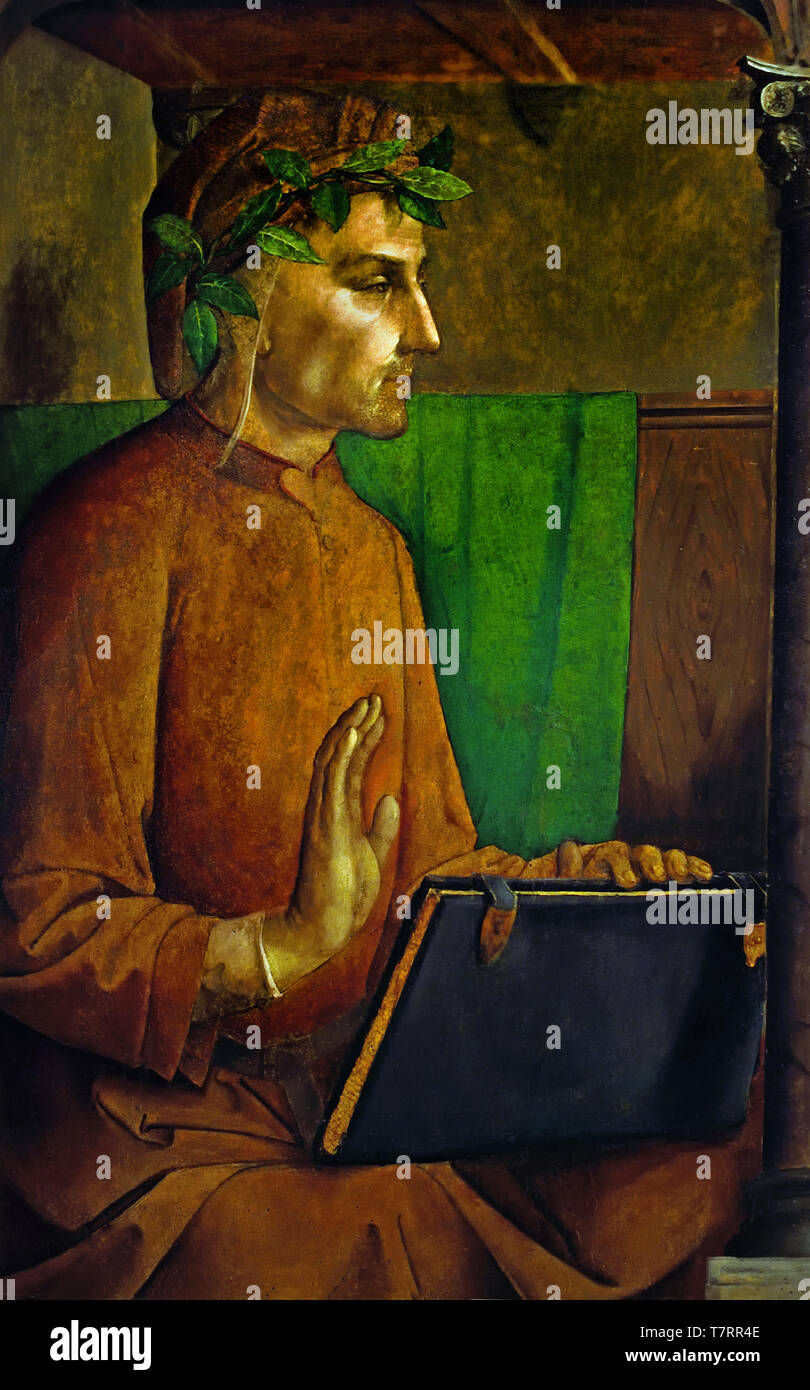Dante Alighieri, 1265 - 1321, retrato de 1475 por Justus van Gent 1435 - 1500 Sur de Amberes, Bélgica Flamenca Netherlandish (poeta italiano, Su Divina Comedia, originalmente llamado Comedìa (Commedia) y posteriormente bautizado Divina por Giovanni Boccaccio,) Foto de stock