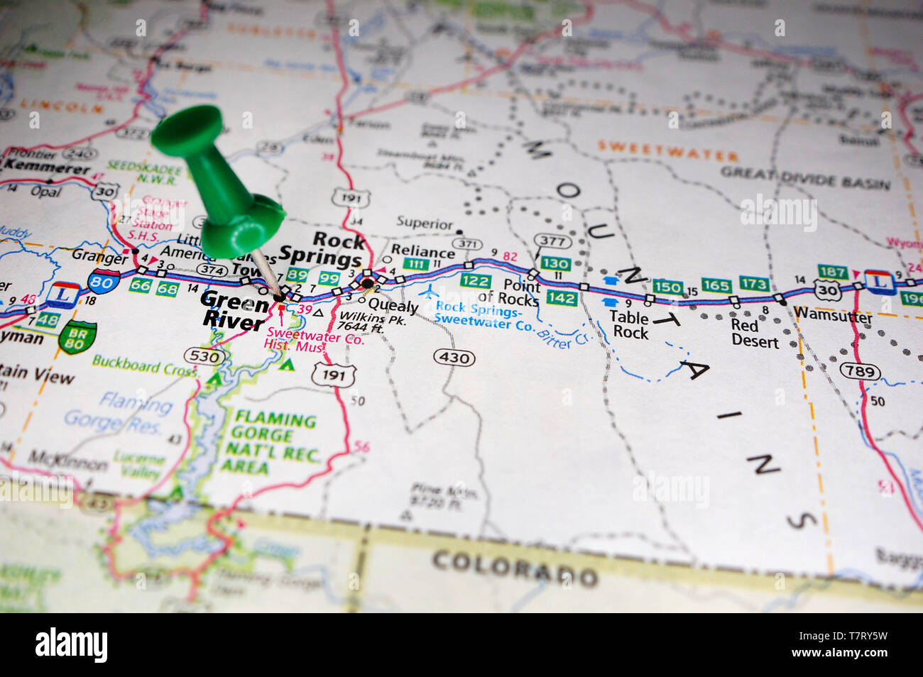 Un mapa de Green River, Wyoming marcados con un alfiler Fotografía de