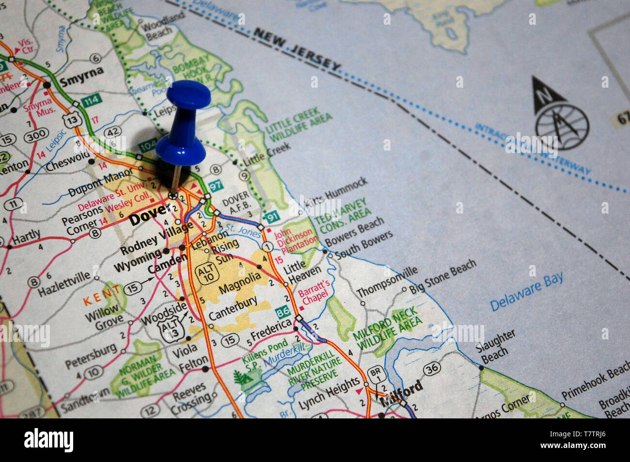 Un mapa de Dover, Delaware marcados con un alfiler. Foto de stock