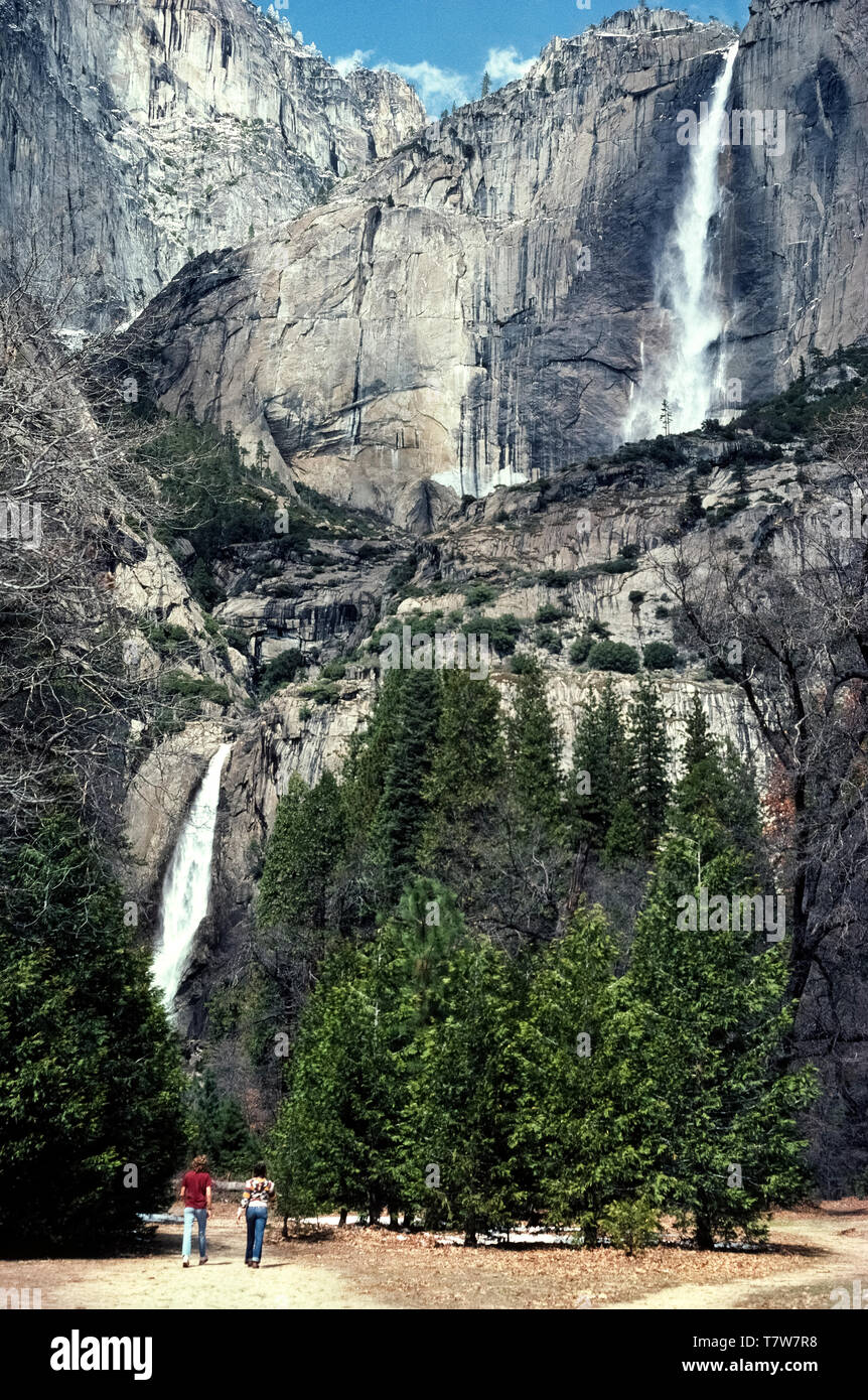 La cascada más alta en América del Norte es de Yosemite Falls, una atracción principal en el Parque Nacional Yosemite, que se creó en1890 como el primer parque nacional en el estado de California, Estados Unidos. Ubicado en las montañas de Sierra Nevada, Yosemite Falls cae de 2.425 pies (739 metros) desde el comienzo de su caída (superior derecha) a la base de su caída (inferior izquierda). Los visitantes del parque dos partida por un sendero a la Lower Falls dar escala a esta impresionante vista panorámica del valle de Yosemite. La mejor época para ver las cataratas es a finales de primavera, especialmente durante el mes de mayo, cuando el flujo de agua es generalmente en su pico. Foto de stock
