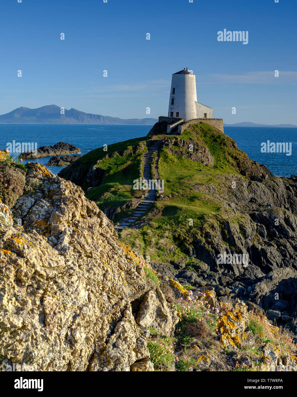 Llanddwyn, Gales - Mayo 1, 2019: Twr Mar faro en la isla Llanddwyn off Anglesey, Gales, Reino Unido Foto de stock