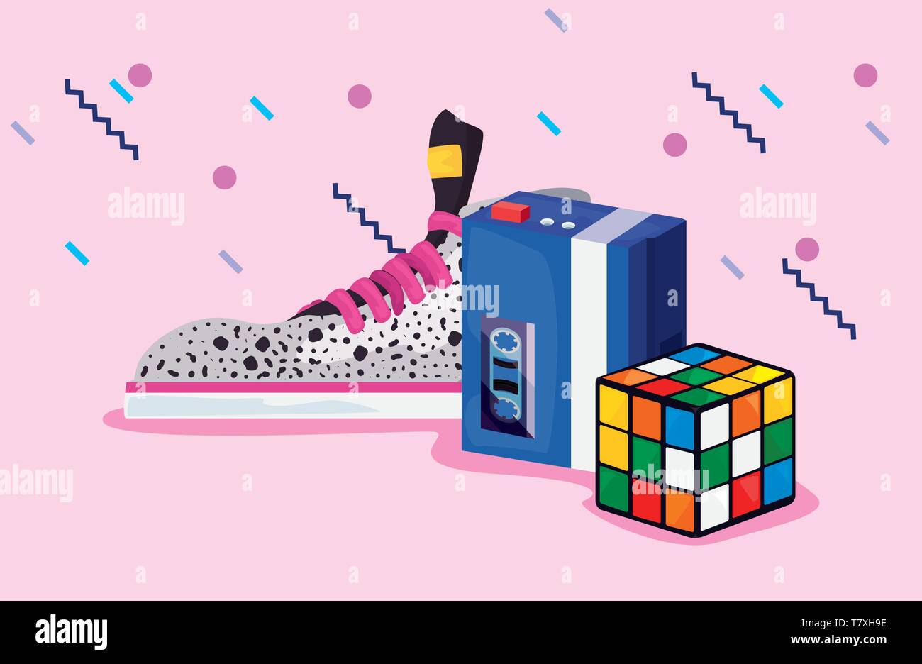 Antecedentes de zapatillas clásicas de memphis walkman Rubiks Cube 80s  estilo retro ilustración vectorial Imagen Vector de stock - Alamy