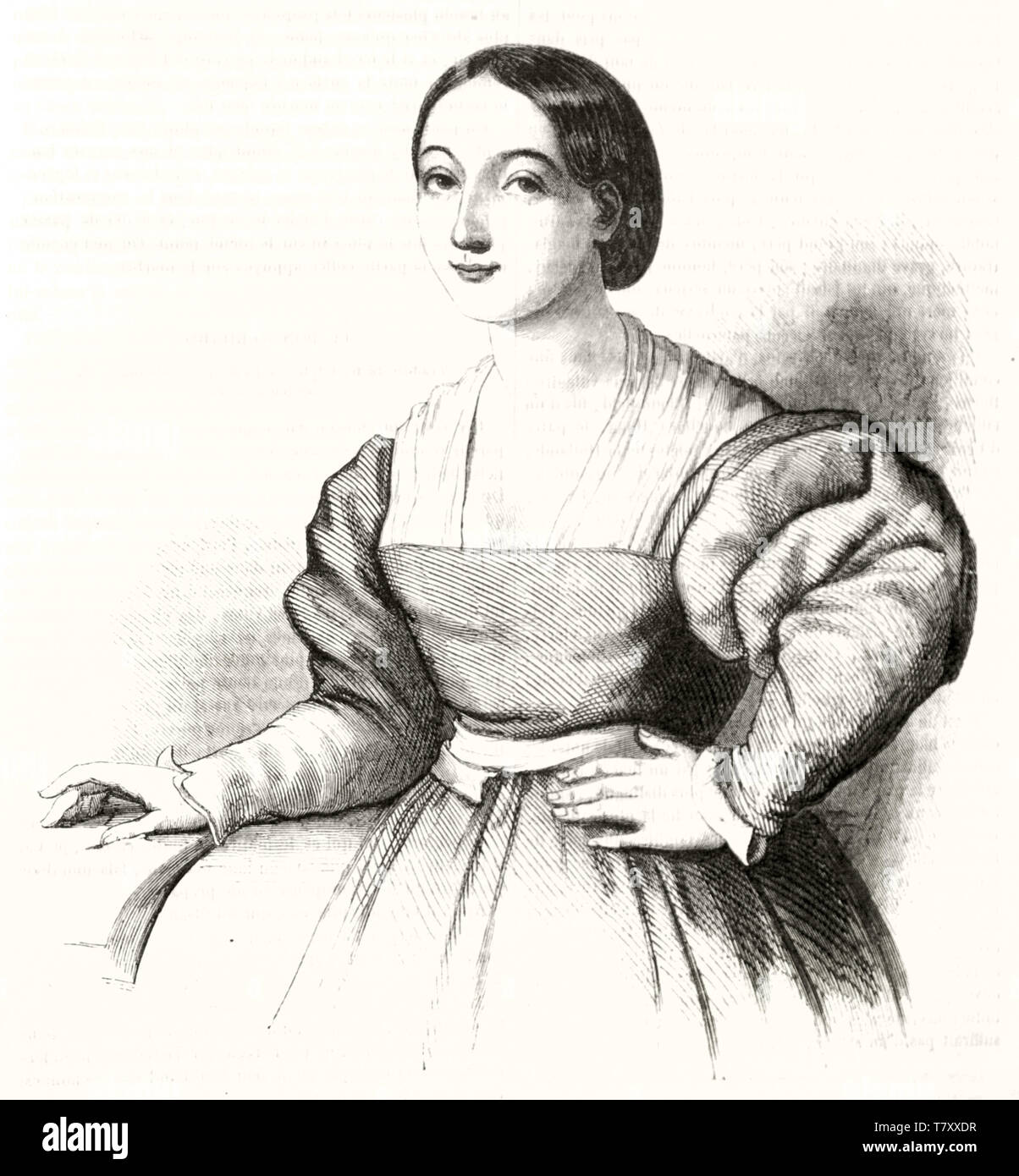Grabado antiguo estilo retrato de medio cuerpo de una bella mujer posando con sencillos vestidos medievales. Se supone que la madre de Rafael. Por autor no identificado publ. en el Magasin pintoresco Grabado antiguo estilo retrato de medio cuerpo de una bella mujer posando con sencillos vestidos medievales. Se supone que la madre de Rafael. Por autor no identificado publ. en el Magasin pintoresco