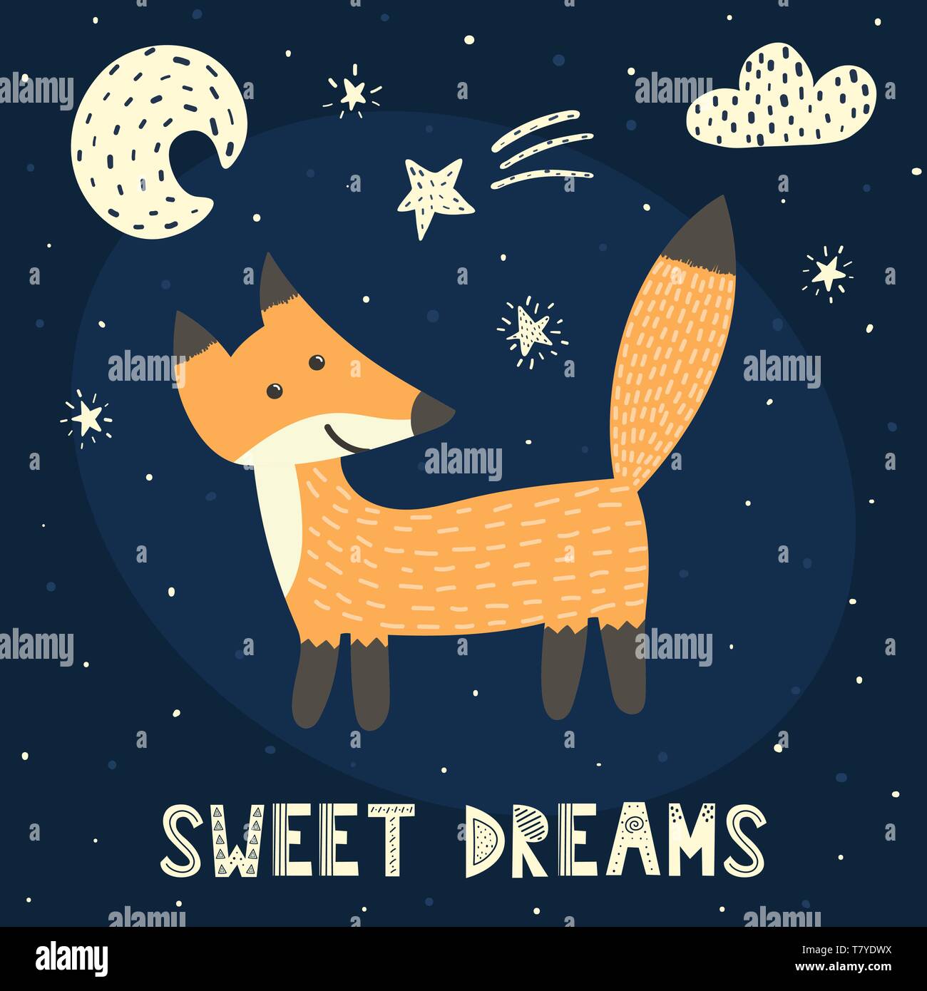 Dulces sueños tarjeta con un lindo fox. Buenas noches a fondo para niños.  Ilustración vectorial Imagen Vector de stock - Alamy