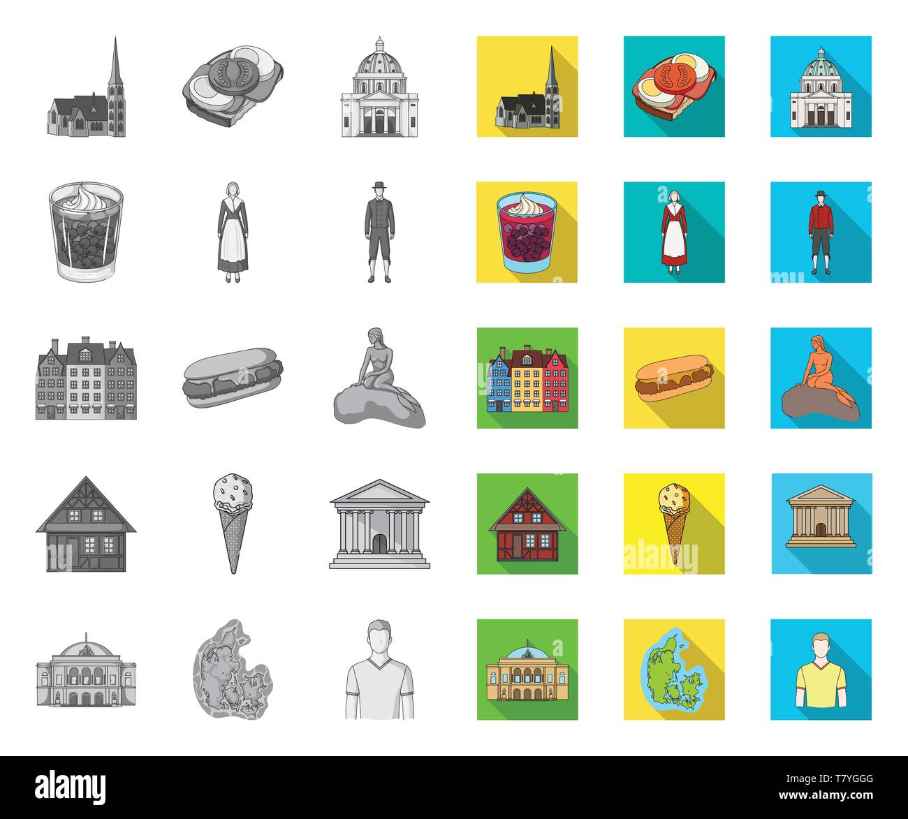 País Dinamarca mono,iconos planas en conjunto para el diseño. Viajes y atracciones Dinamarca símbolo vector stock ilustración. Ilustración del Vector