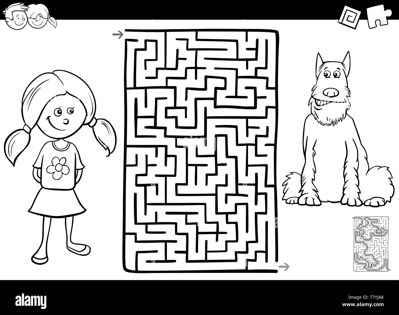 Caricatura en blanco y negro ilustración del laberinto laberinto actividad  educativa o de juego para los niños con la niña y su perro mascota Coloring  Book Imagen Vector de stock - Alamy