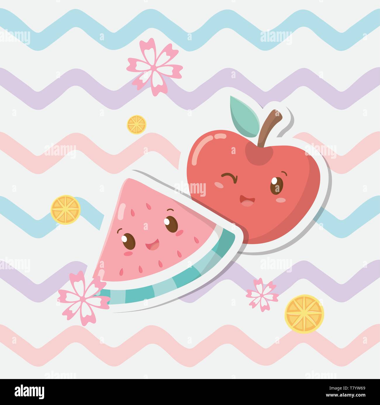 Manzanas frescas y frutas de sandía kawaii caracteres diseño ilustración  vectorial Imagen Vector de stock - Alamy