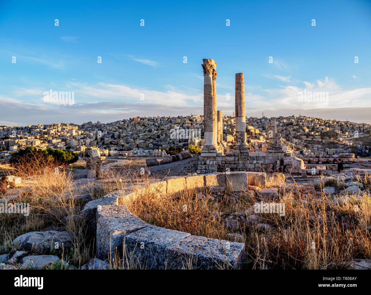 Templo de Hércules ruinas al atardecer, la ciudadela de Ammán, la Gobernación de Ammán, Jordania, Oriente Medio Foto de stock