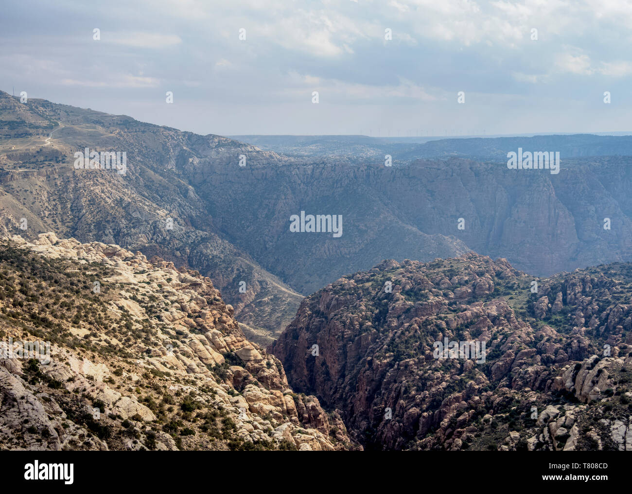 Reserva de la Biosfera de Dana, vista elevada, Gobernación Tafilah, Jordania, Oriente Medio Foto de stock