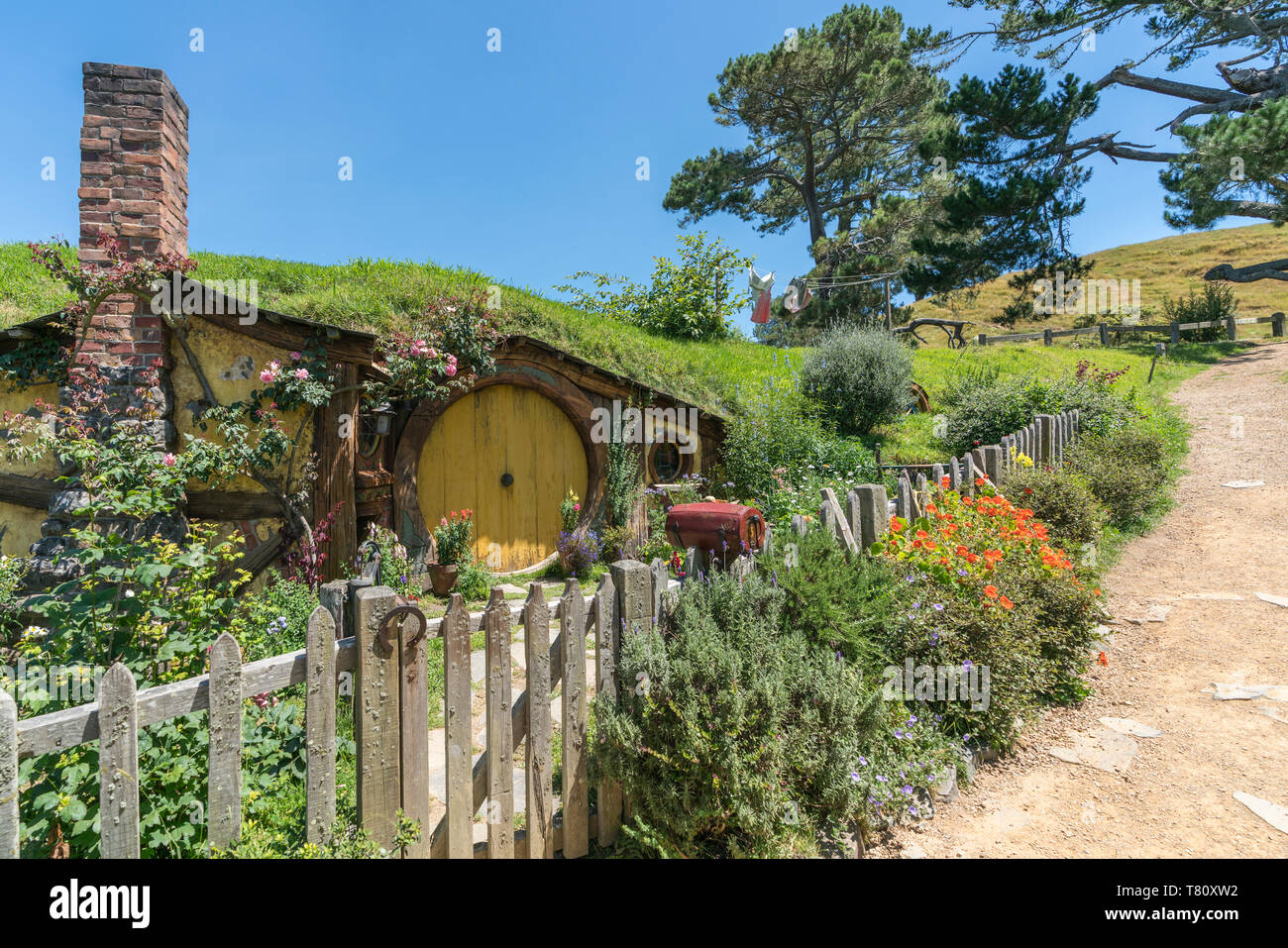 Samwise Gamgee's house, Hobbiton Movie Set, Matamata, región de Waikato, Isla del Norte, Nueva Zelanda, el Pacífico Foto de stock