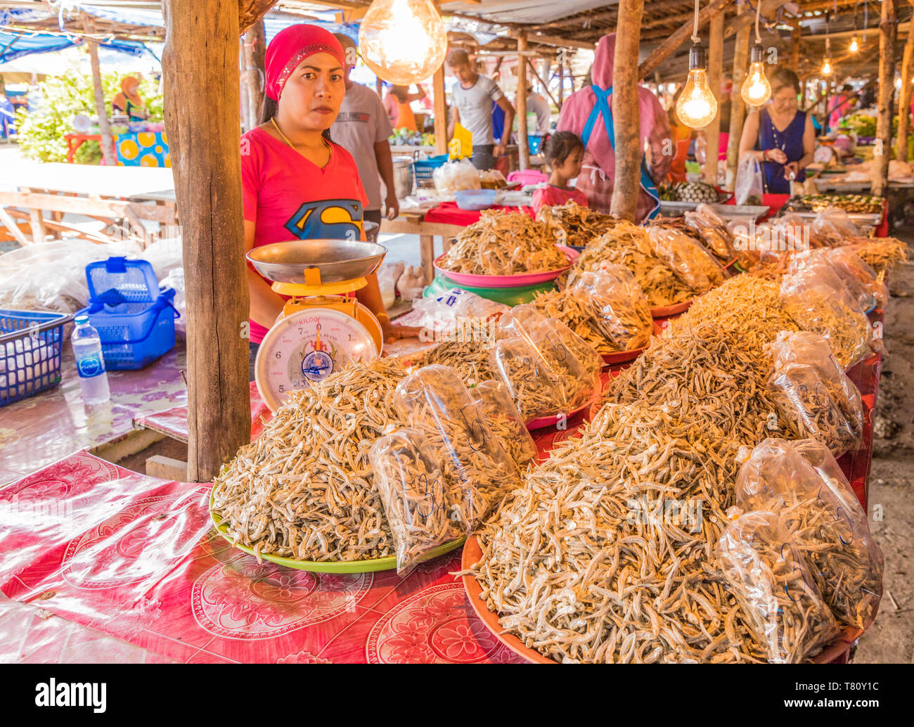 Pescado seco para la venta en el mercado local de Ao Nang, provincia de Krabi, Tailandia, el sudeste de Asia, Asia Foto de stock