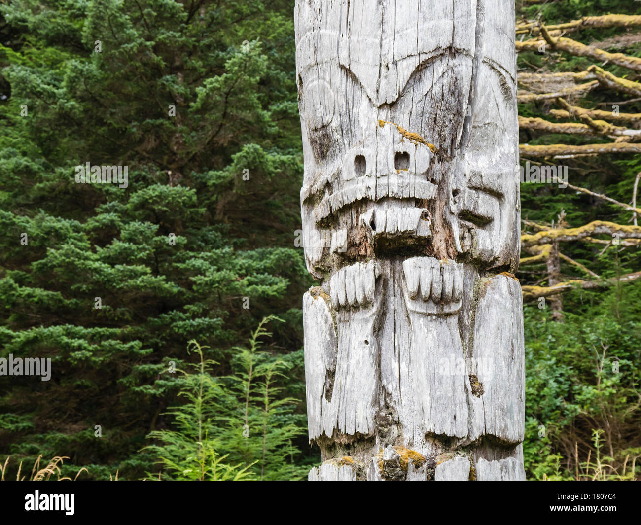 Tótem en SGang Gwaay, Sitio del Patrimonio Mundial de la UNESCO, Haida Gwaii, British Columbia, Canadá, América del Norte Foto de stock