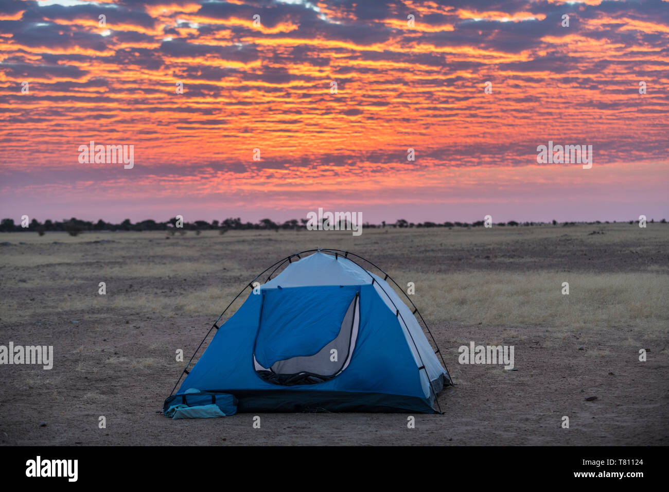 Camping bajo un espectacular cielo matutino en el Sahel, el Chad, África Foto de stock