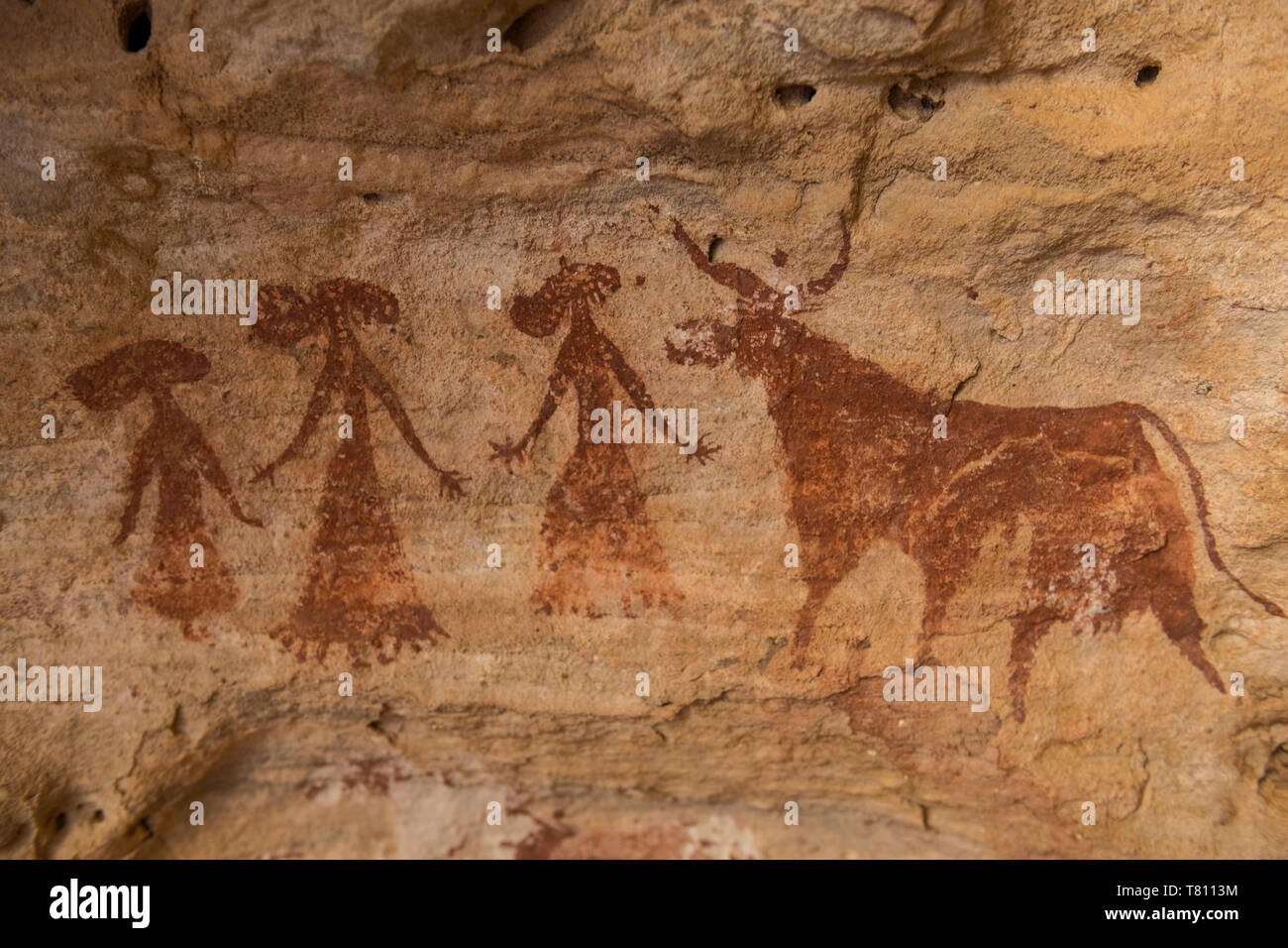 Pintura rupestre de Ennedi, meseta, Sitio del Patrimonio Mundial de la UNESCO, la región de Ennedi, Chad, África Foto de stock