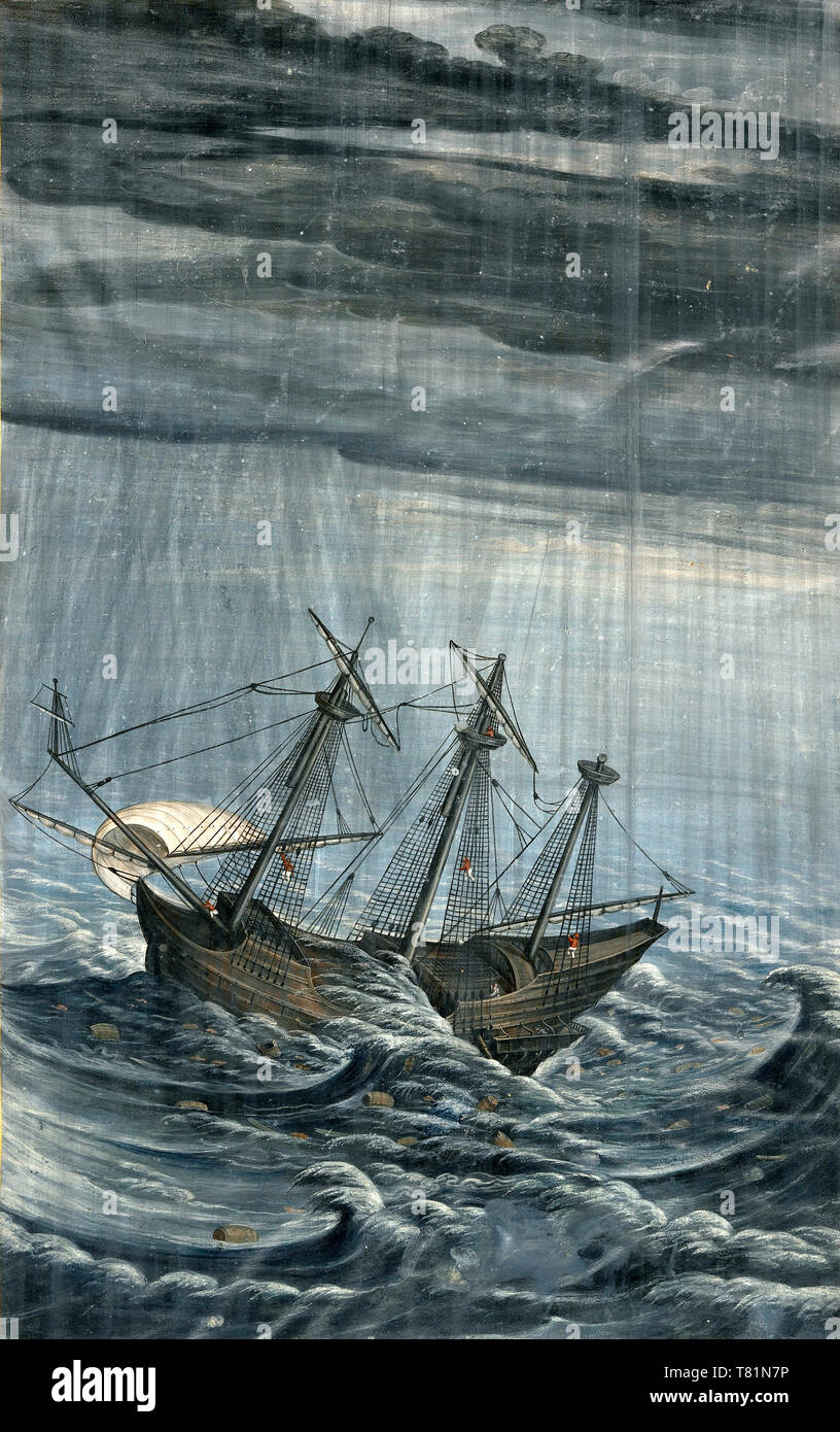 Barco en un mar tempestuoso, mediados de 1600s Foto de stock