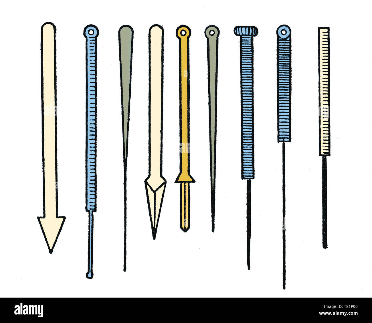 Agujas de acupuntura conjunto de diferentes tipos y colores, tallarines  dibujados a mano, dibujo, color vector ilustración Fotografía de stock -  Alamy