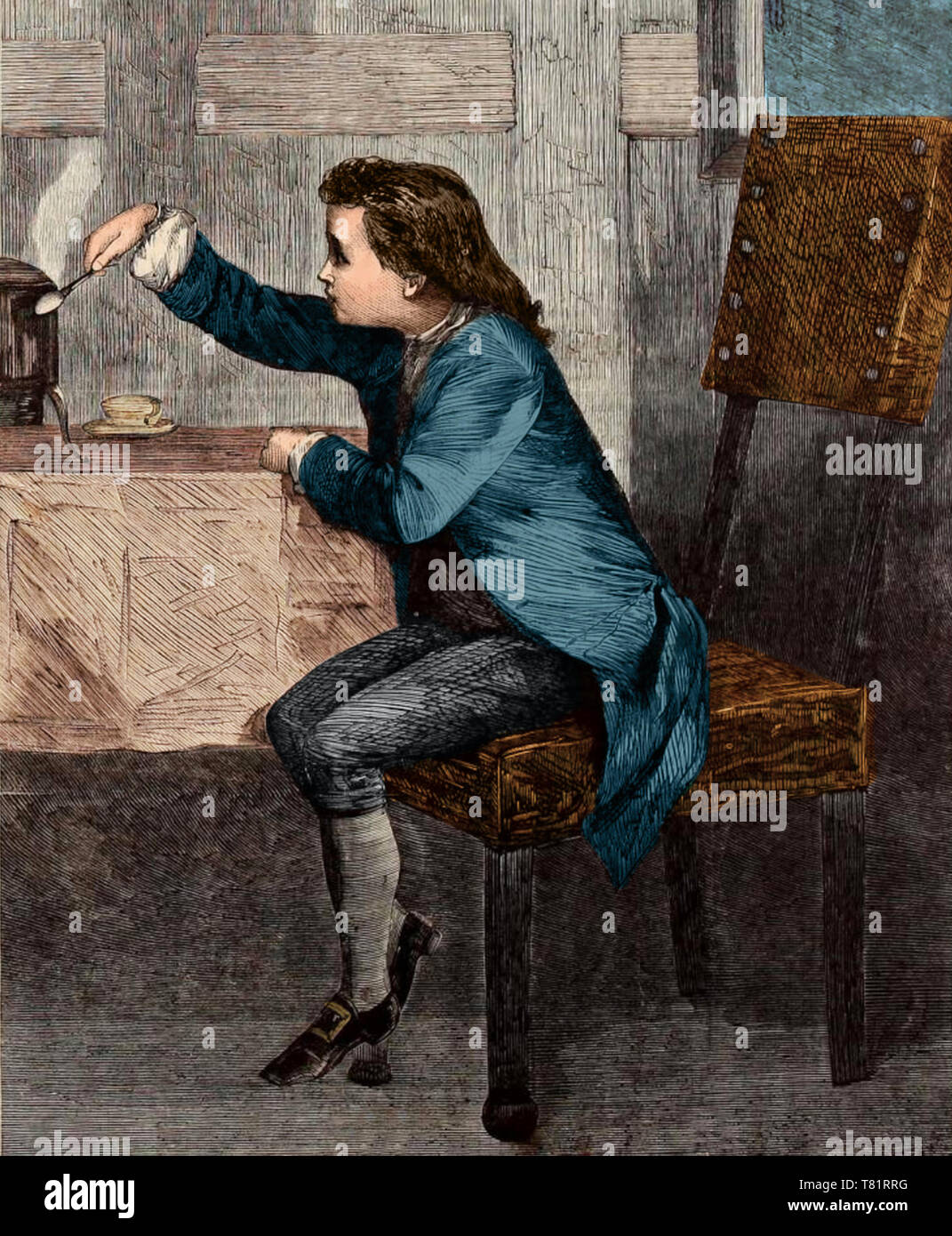 Los jóvenes James Watt experimentando, 1740s Foto de stock