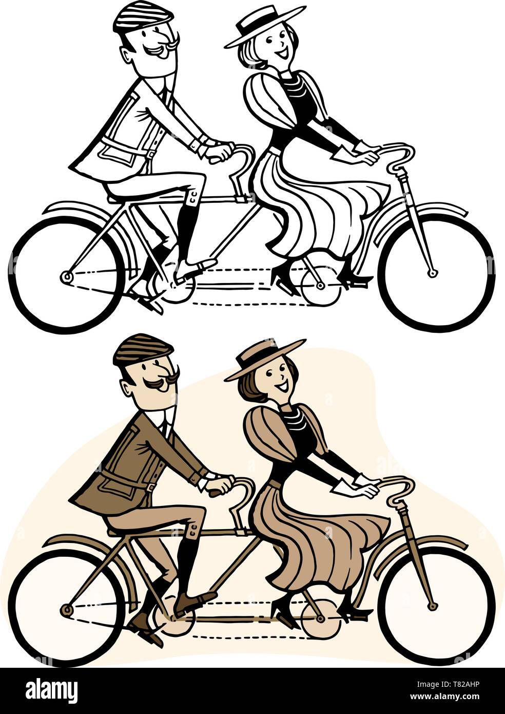 Una pareja pasa por un paseo en bicicleta tándem a la antigua usanza. Ilustración del Vector