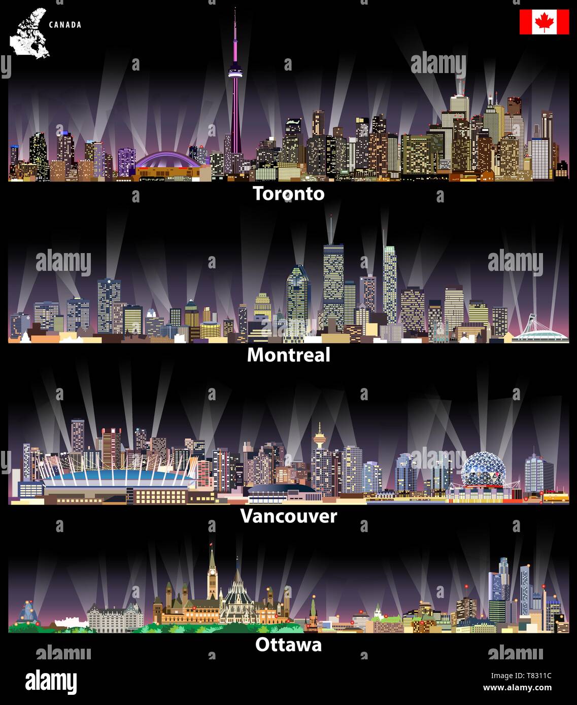 Ilustraciones de vectores de las ciudades canadienses de Toronto, Montreal, Vancouver y Ottawa skyline Ilustración del Vector