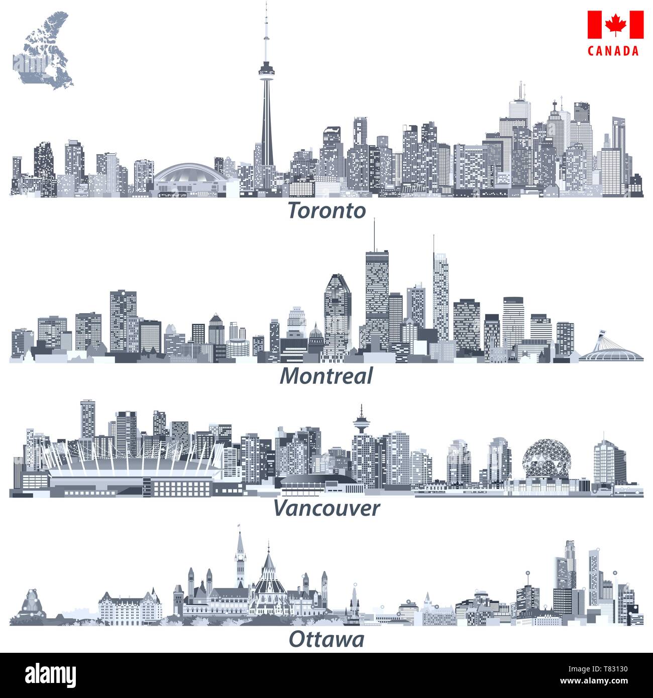 Ilustraciones de vectores de las ciudades canadienses de Toronto, Montreal, Vancouver y Ottawa skyline Ilustración del Vector