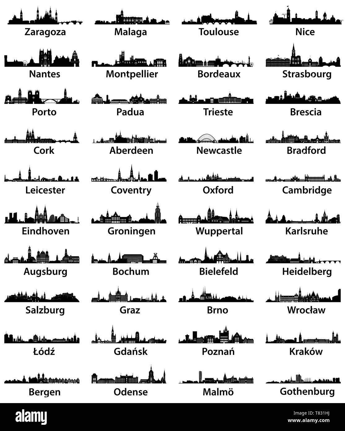 Las ciudades europeas skyline siluetas. Vector Ilustración del Vector