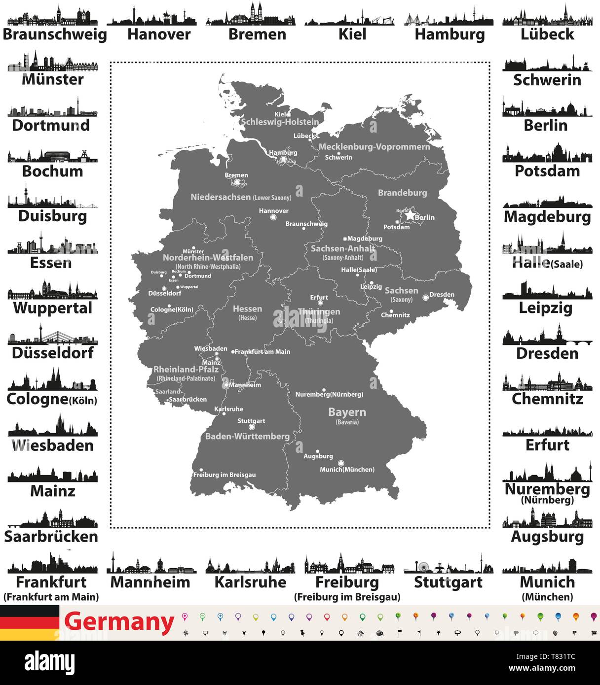 Alemania mapa con ciudades más grandes horizontes siluetas vector set Ilustración del Vector