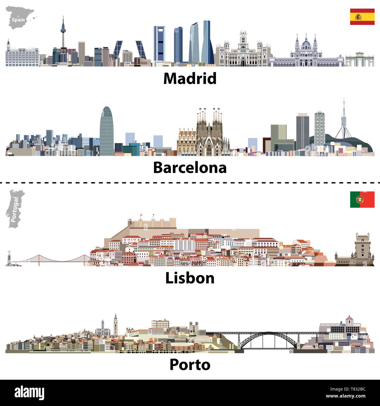 Ilustraciones de vectores de Madrid, Barcelona, Lisboa y Oporto al horizonte de la ciudad Ilustración del Vector
