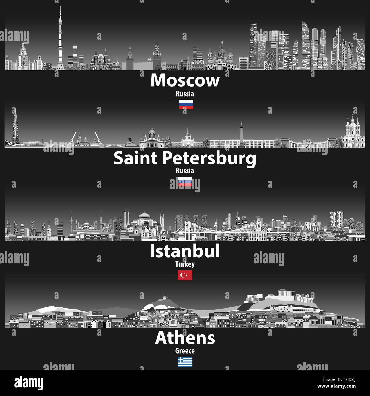 Paisajes urbanos de Moscú, San Petersburgo, Estambul y Atenas Ilustración del Vector