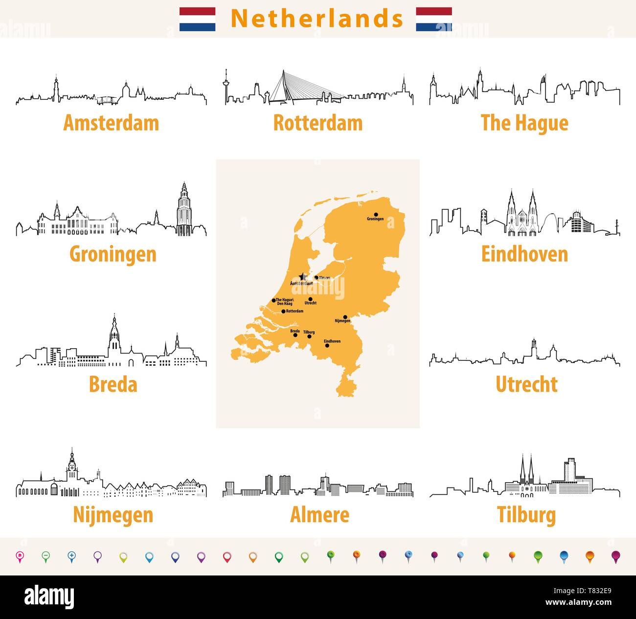 Países Bajos mapa con ciudades más grandes horizontes Ilustración del Vector