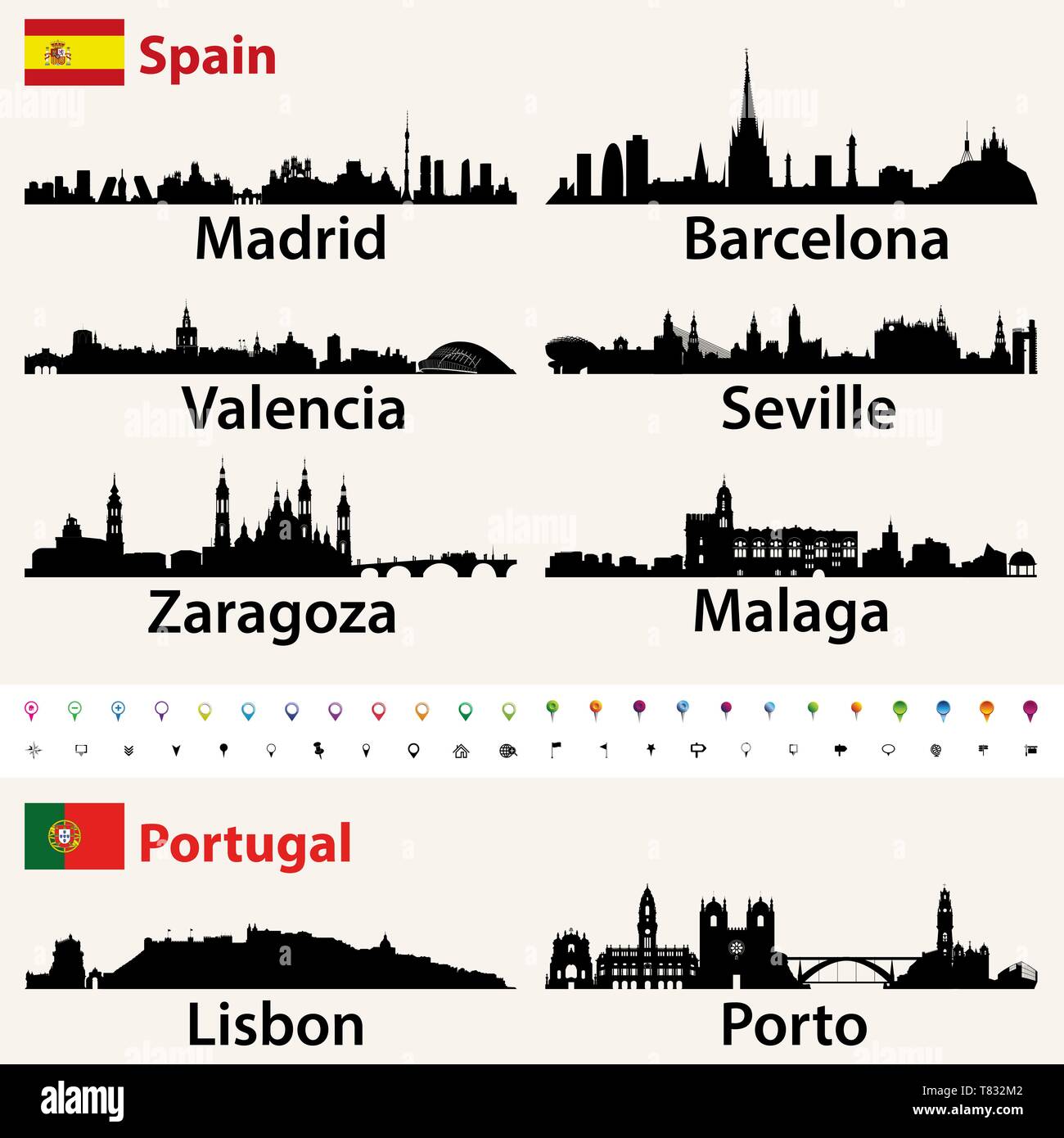 España y Portugal mayores ciudades skyline siluetas vector set Ilustración del Vector