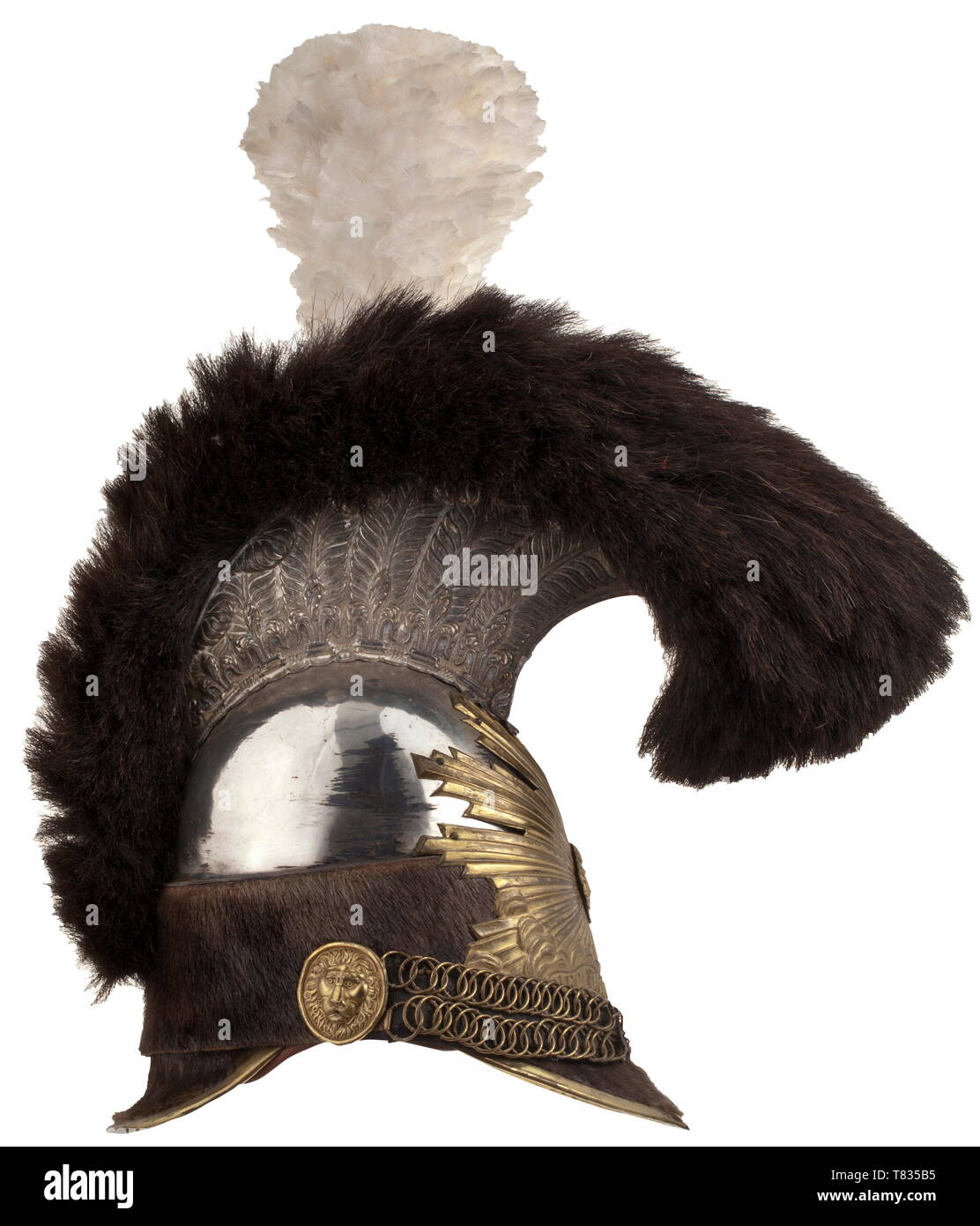 Un casco M 1820 de la Garde du corps du Roi Casco cráneo de chapado en plata, metales no ferrosos sealskin turbante, gran emblema radial aplicado con cabeza de Medusa y el lema "Nec pluribus impar". Casco plateado peine fino en el socorro con el negro, anudado cresta de crin. Con cuero Chinscales underlay y rosetas de cabeza de león, el penacho de plumas blancas. Camisa de cuero marrón y sustituir la camisa de tela de color verde. Rastros de uso y la edad. La histórica, histórica, Francés Restauration, Francia, Francés, militaria, objeto, objetos, fotografías, recorte, recorte, recorte, escotaduras, del siglo XIX, sólo Editorial-Use Foto de stock