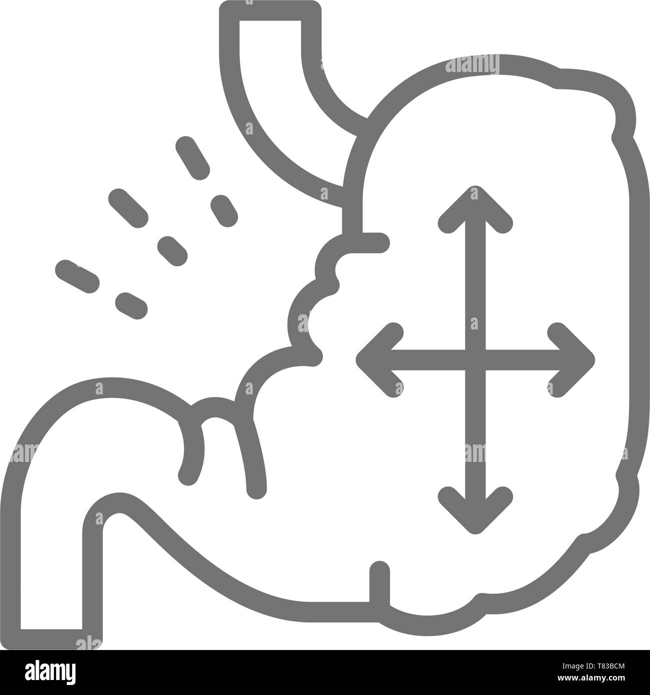 Estómago distendido, distensión abdominal icono de línea Imagen Vector