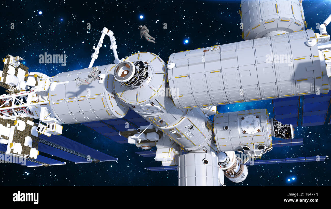 Trabajo de los astronautas a bordo de la estación espacial, los cosmonautas flotando fuera de la esclusa de aire, naves espaciales 3D rendering Foto de stock