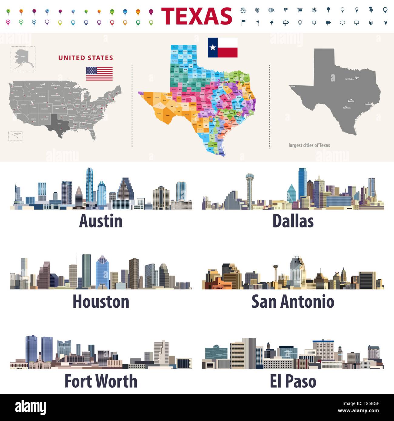 Texas alta vectorial del mapa detallado mostrando condados formaciones. Ciudades más grandes