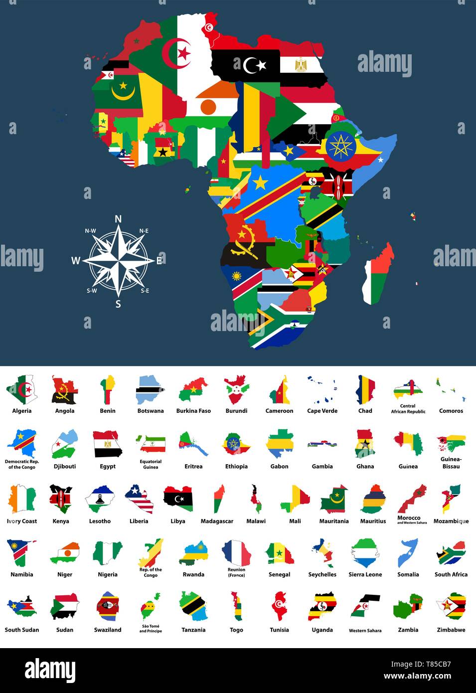 Mapa de vectores de África mezcladas con banderas de países Ilustración del Vector
