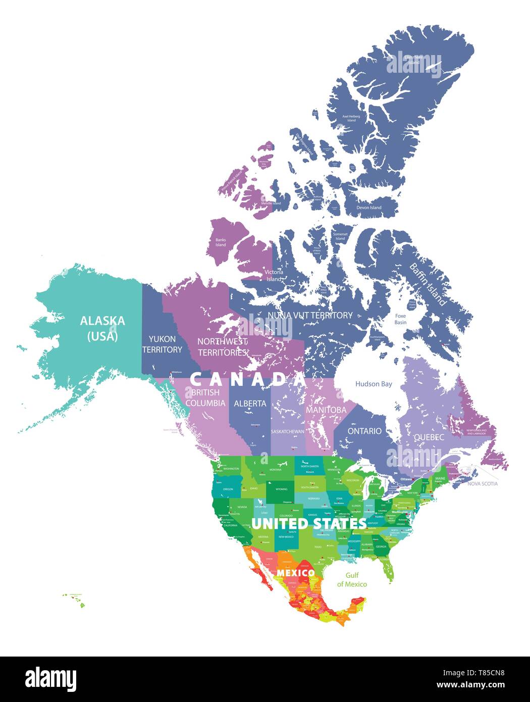 Mapa de vectores de Canadá, Estados Unidos y México con los estados de las fronteras y las