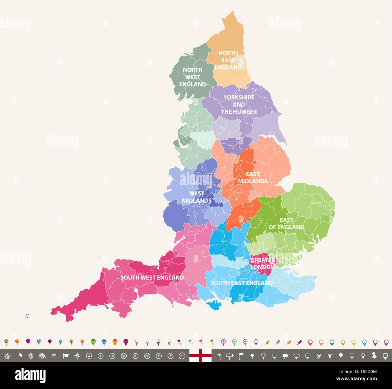 Inglaterra condados ceremoniales mapa vectorial Ilustración del Vector