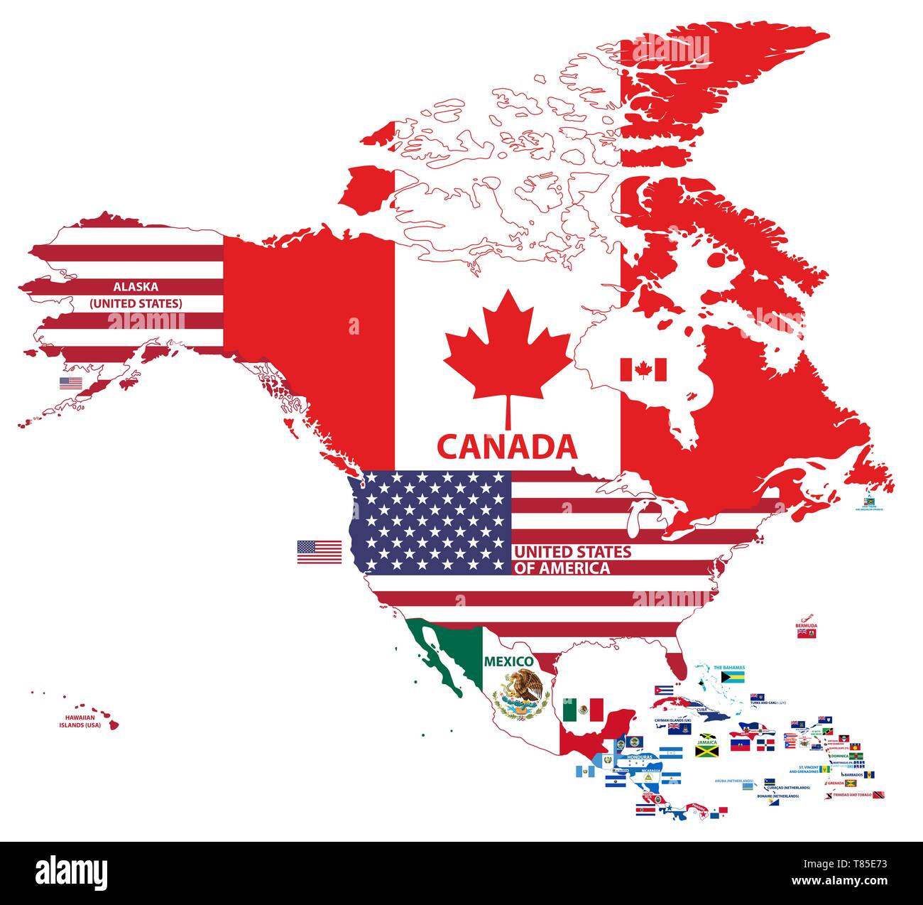 Ilustración vectorial del mapa de América del Norte (incluye América del Norte, América Central y el Caribe) con los nombres de países y banderas de países Ilustración del Vector