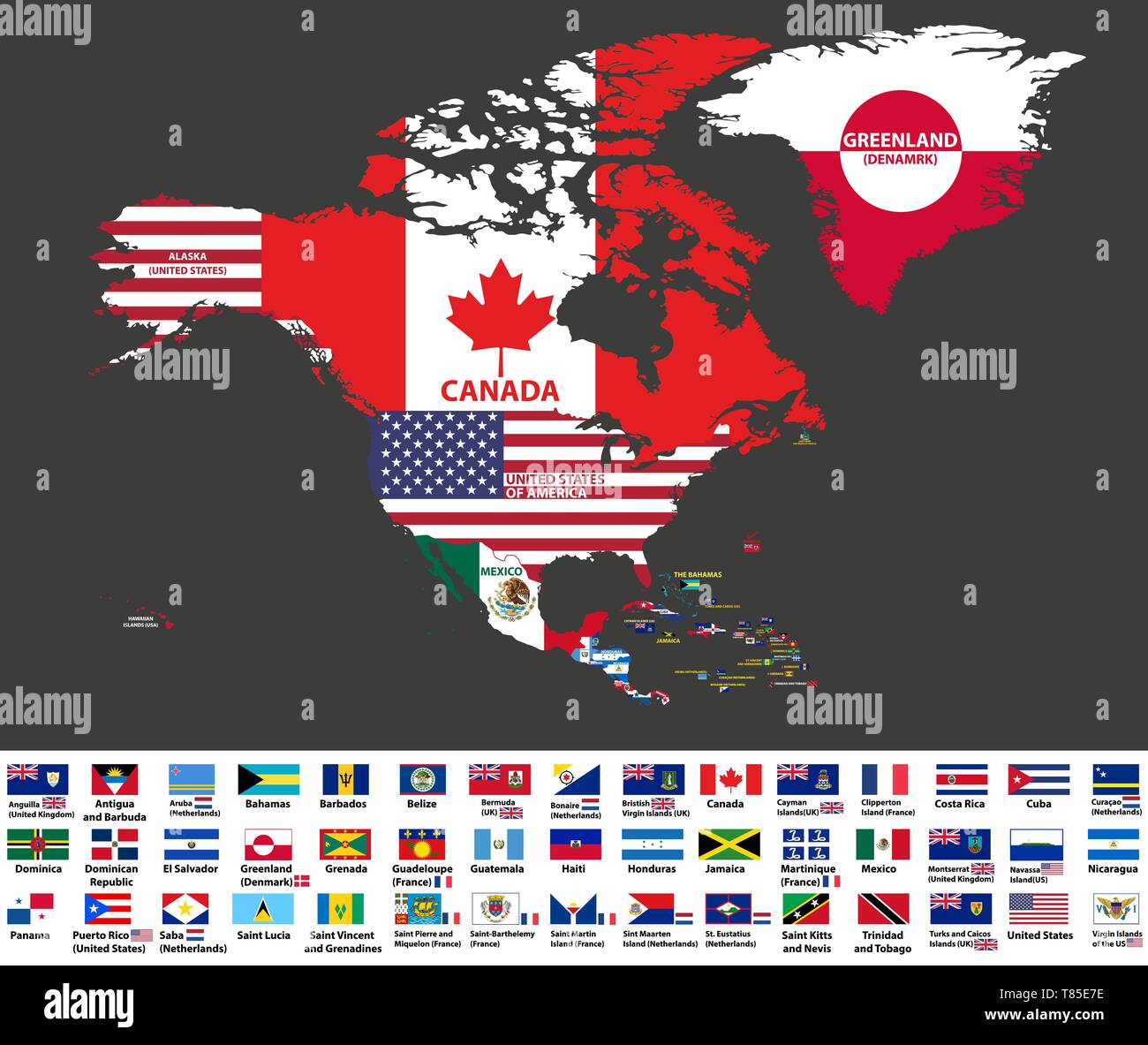 Ilustración vectorial del mapa de América del Norte (incluye América del Norte, América Central y el Caribe) con los nombres de países y banderas de países Ilustración del Vector