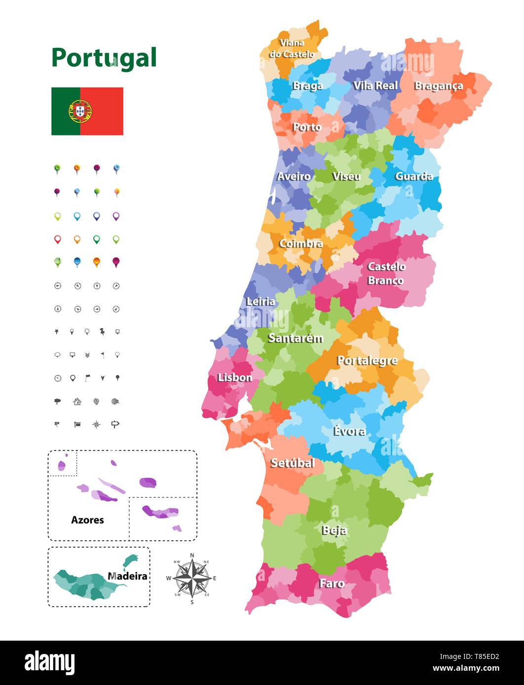 Mapa de vectores de Portugal distritos y regiones autónomas, subdividido a su vez en municipios Ilustración del Vector