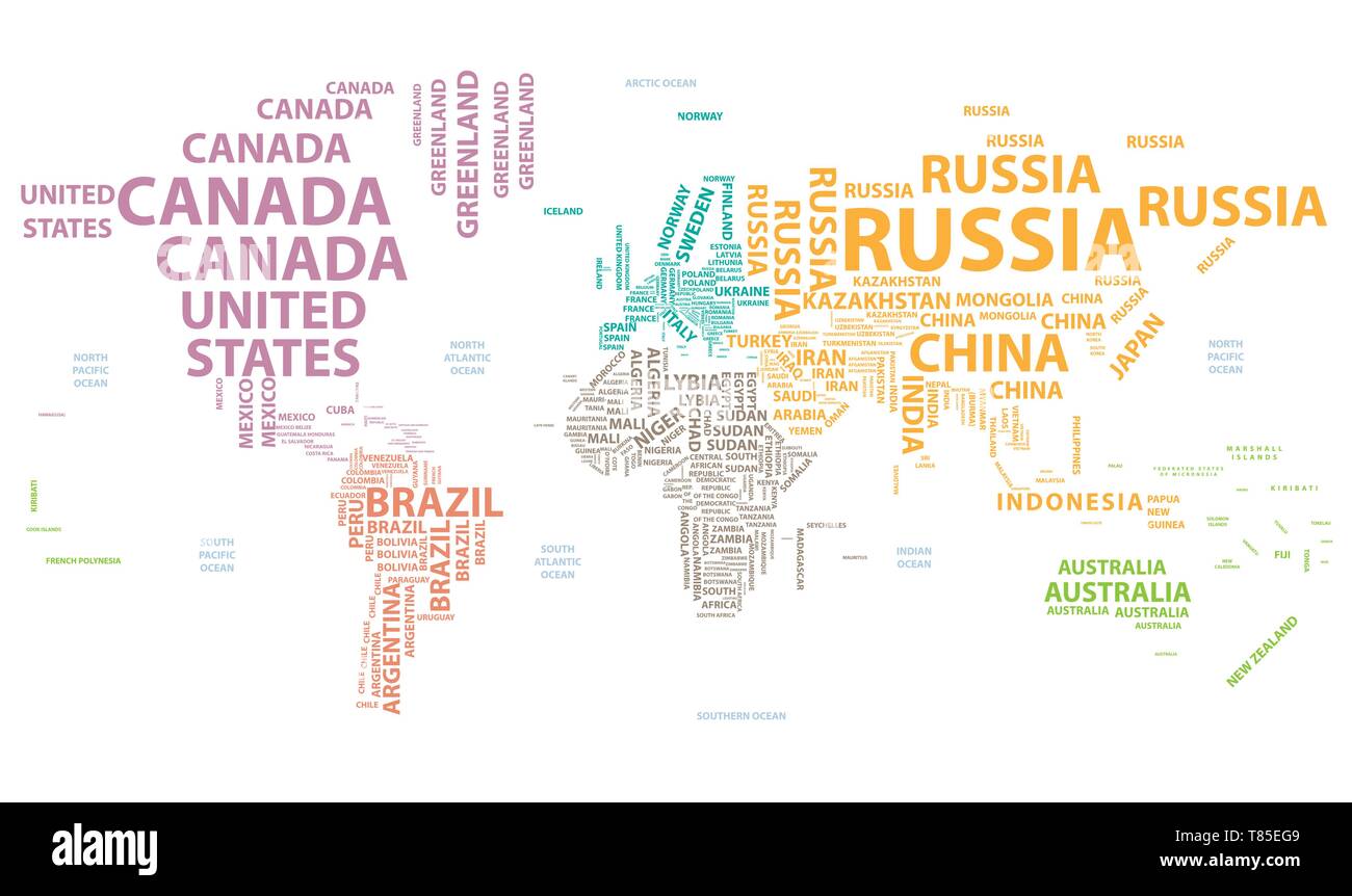 Vector mapa del mundo con nombres de países en tipografía Imagen Vector
