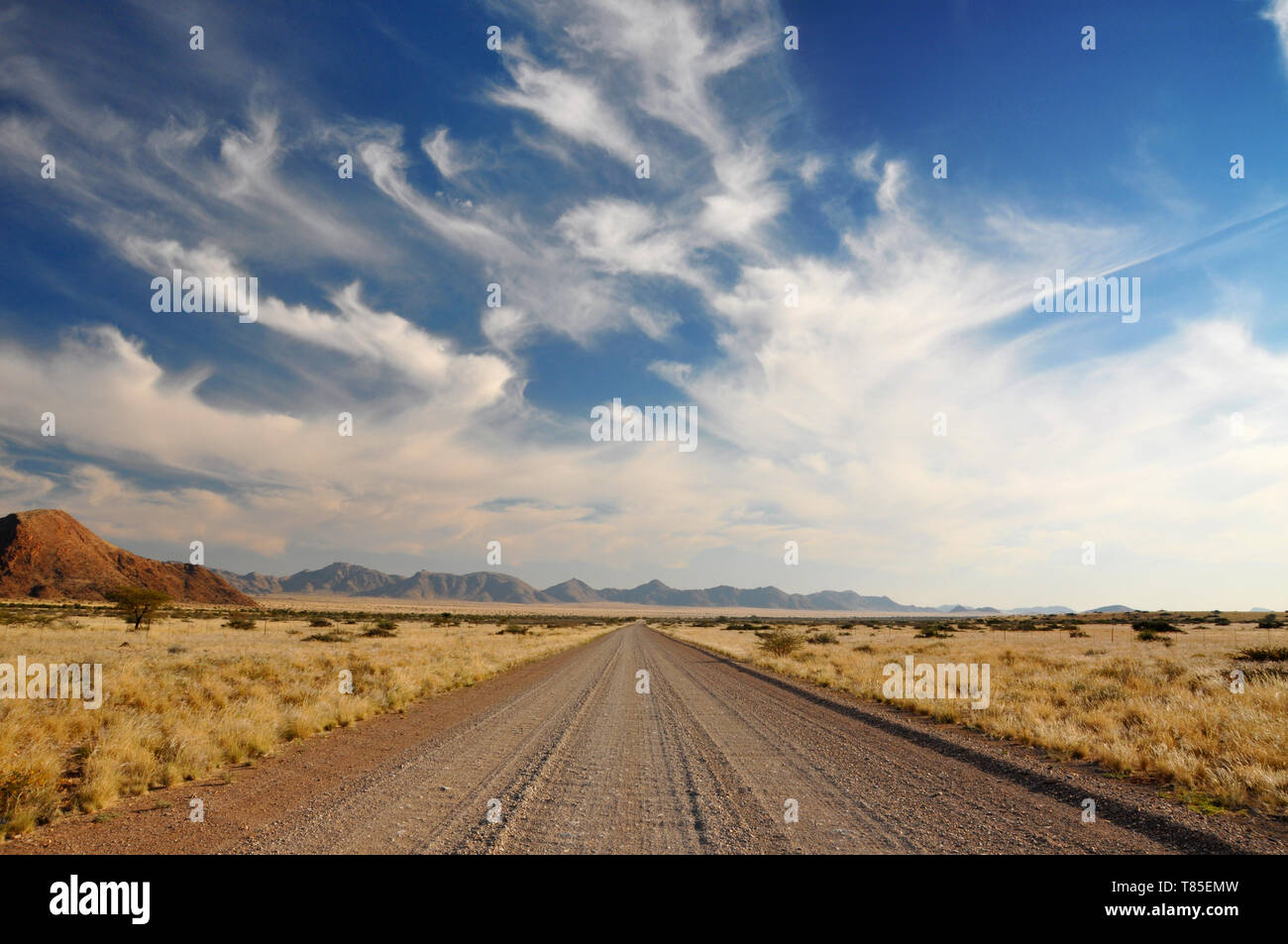 Largo camino abierto en el desierto de Namibia, en África. Foto de stock