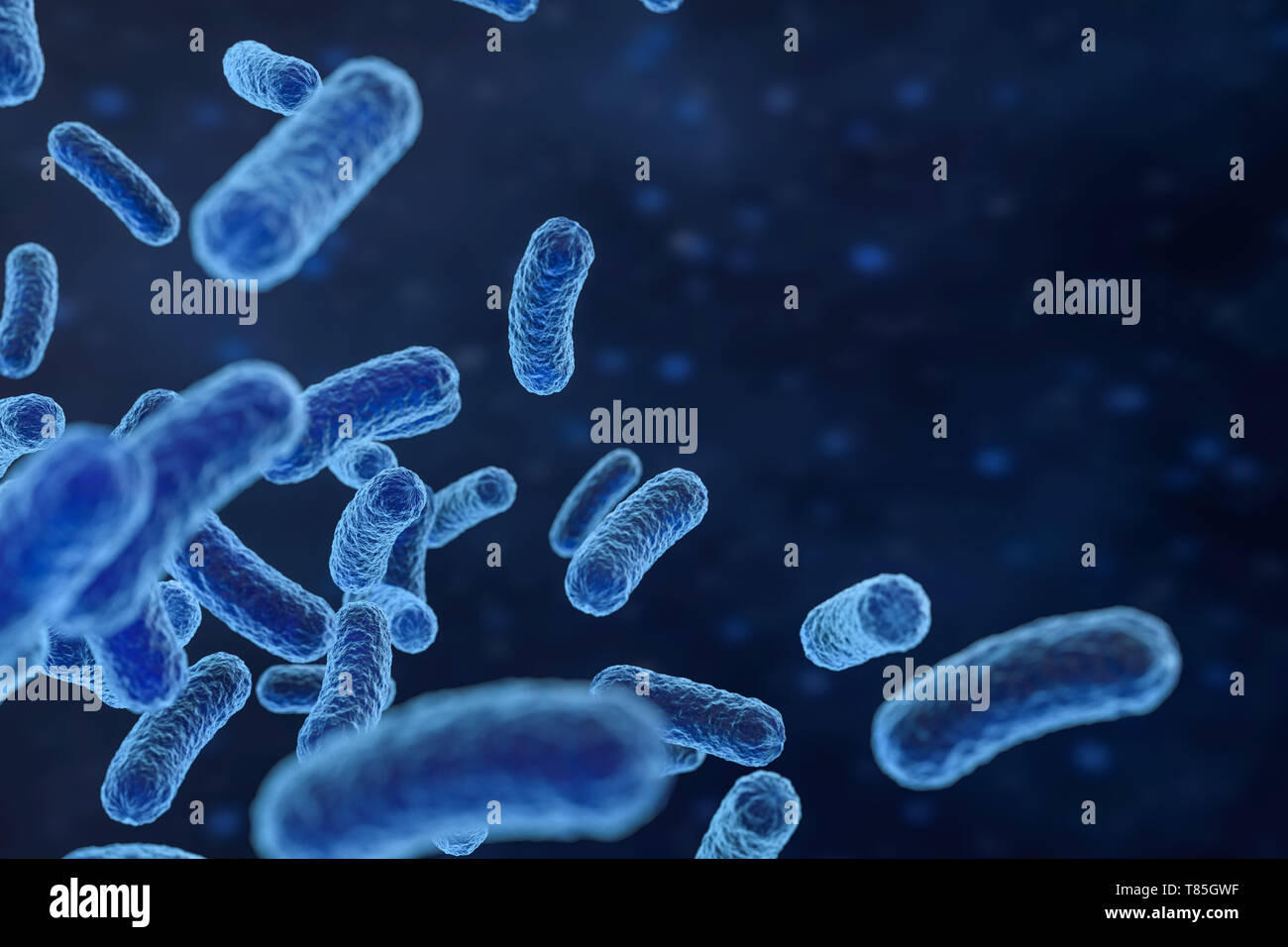 3D Rendering, virus infecciosos con los detalles de la superficie de fondo azul. Equipo de imagen digital. Foto de stock