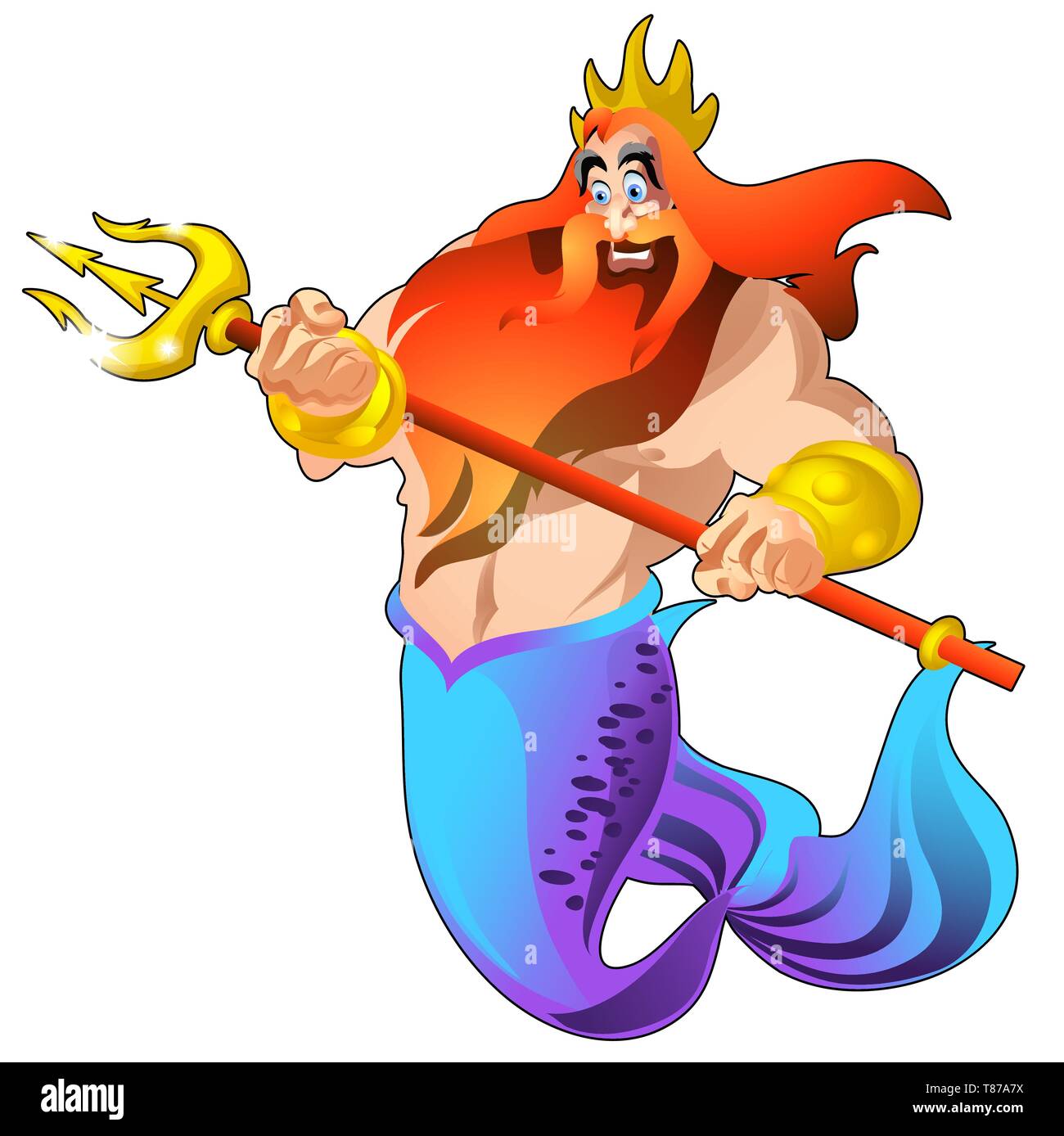 Poseidón con un tridente de oro y una corona aislado sobre fondo blanco. Cartoon vectores de cerca la ilustración. Ilustración del Vector