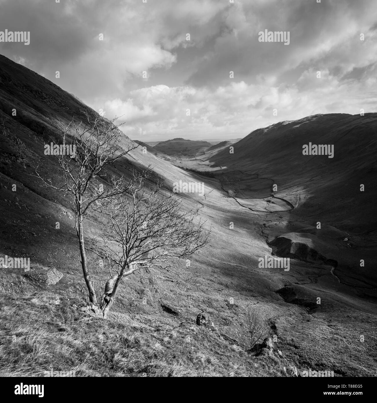 Ullswater, Lake District, Cumbria, senderismo por el lugar cayó la montaña y mirando a través del valle hacia Hallin Fell & Martindale Foto de stock